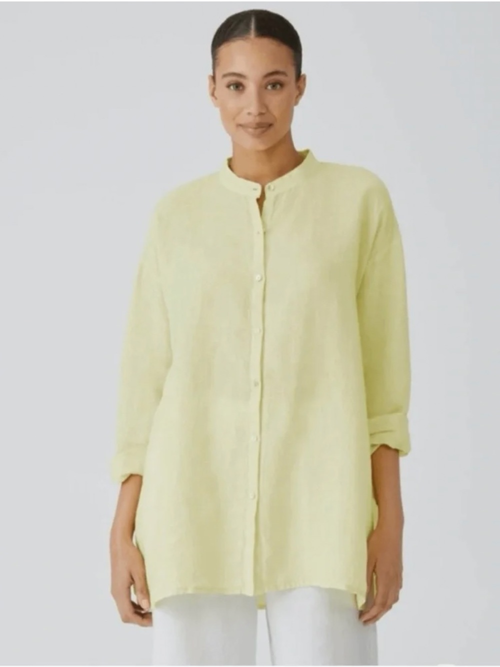 Eileen Fisher Citrus Yellow Organic Linen Button-Front Tunic Top